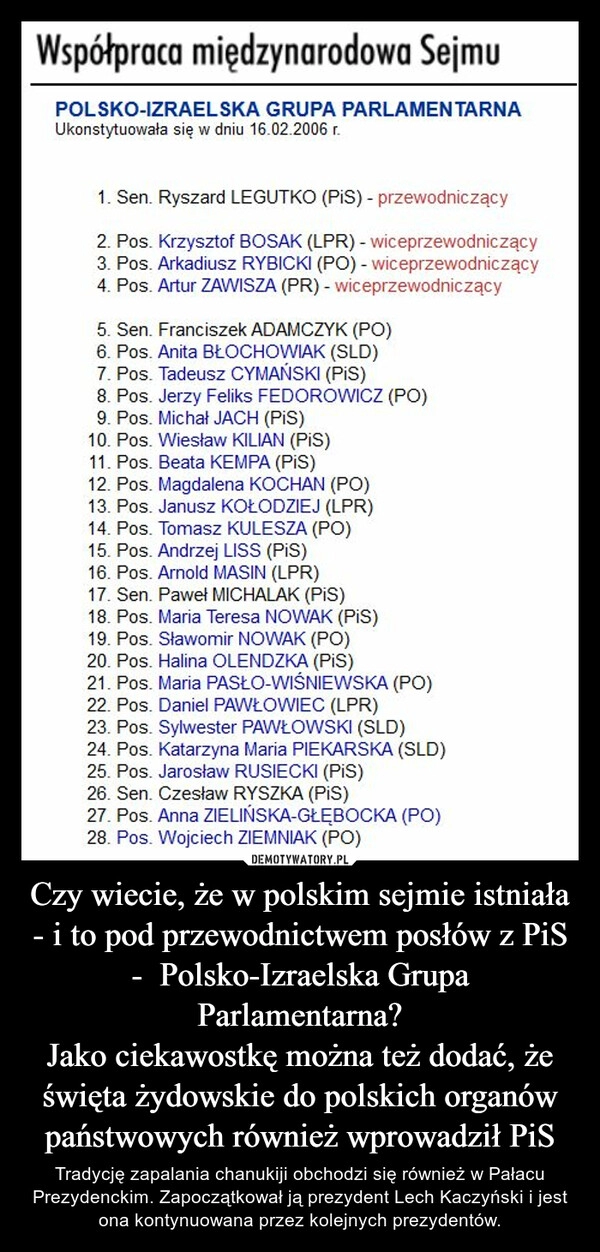 
    Czy wiecie, że w polskim sejmie istniała - i to pod przewodnictwem posłów z PiS -  Polsko-Izraelska Grupa Parlamentarna?
Jako ciekawostkę można też dodać, że święta żydowskie do polskich organów państwowych również wprowadził PiS