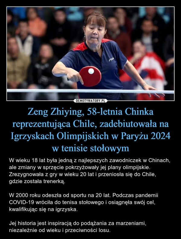 
    Zeng Zhiying, 58-letnia Chinka reprezentująca Chile, zadebiutowała na Igrzyskach Olimpijskich w Paryżu 2024 w tenisie stołowym