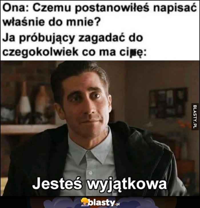 
    Ona: czemu postanowiłeś napisać właśnie do mnie? Ja próbujący zagadać do czegokolwiek co ma sowę: jesteś wyjątkowa