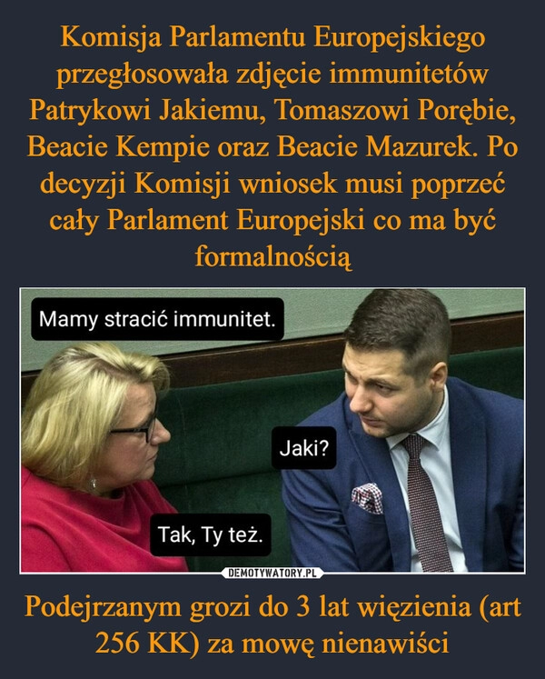 
    Komisja Parlamentu Europejskiego przegłosowała zdjęcie immunitetów Patrykowi Jakiemu, Tomaszowi Porębie, Beacie Kempie oraz Beacie Mazurek. Po decyzji Komisji wniosek musi poprzeć cały Parlament Europejski co ma być formalnością Podejrzanym grozi do 3 lat więzienia (art 256 KK) za mowę nienawiści