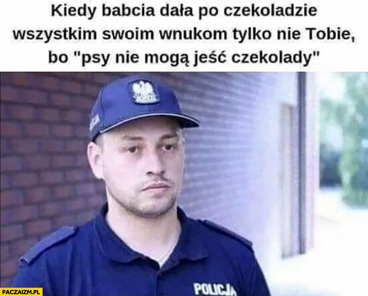 
    Policjant kiedy babcia dała po czekoladzie wszystkim swoim wnukom tylko nie tobie bo psy nie mogą jeść czekolady