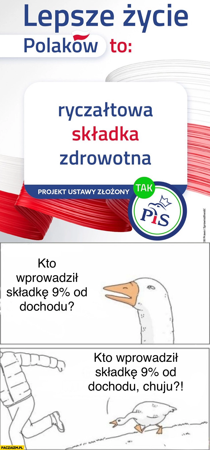 
    Reklama PiS lepsze życie Polaków to ryczałtowa składka zdrowotna kto wprowadził składkę 9% procent od dochodu? Gęś