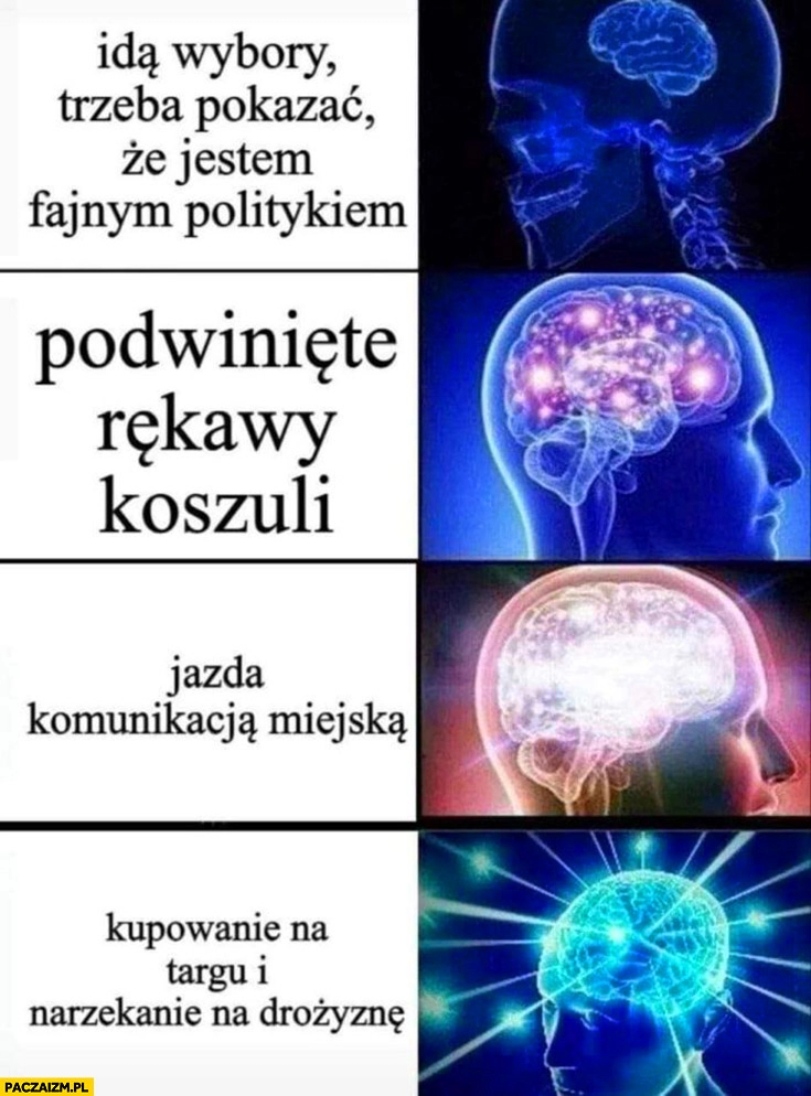 
    Idą wybory trzeba pokazać, że jestem fajnym politykiem podwinięte rękawy koszuli jazda komunikacja miejska kupowanie na targu i narzekanie na drożyznę mózg mózgi