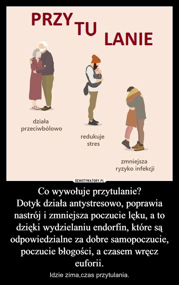 
    Co wywołuje przytulanie?
Dotyk działa antystresowo, poprawia nastrój i zmniejsza poczucie lęku, a to dzięki wydzielaniu endorfin, które są odpowiedzialne za dobre samopoczucie, poczucie błogości, a czasem wręcz euforii.