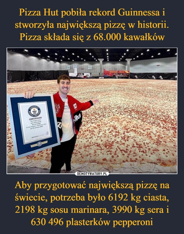 
    Pizza Hut pobiła rekord Guinnessa i stworzyła największą pizzę w historii. Pizza składa się z 68.000 kawałków Aby przygotować największą pizzę na świecie, potrzeba było 6192 kg ciasta, 2198 kg sosu marinara, 3990 kg sera i 630 496 plasterków pepperoni 