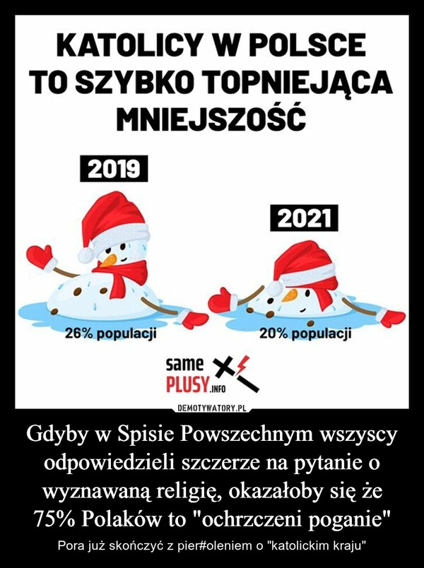 
    Gdyby w Spisie Powszechnym wszyscy odpowiedzieli szczerze na pytanie o wyznawaną religię, okazałoby się że 75% Polaków to "ochrzczeni poganie" 