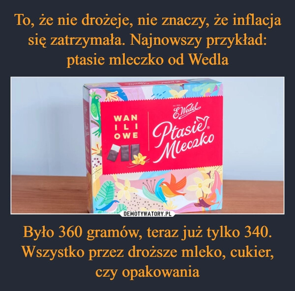 
    To, że nie drożeje, nie znaczy, że inflacja się zatrzymała. Najnowszy przykład: ptasie mleczko od Wedla Było 360 gramów, teraz już tylko 340. Wszystko przez droższe mleko, cukier, czy opakowania