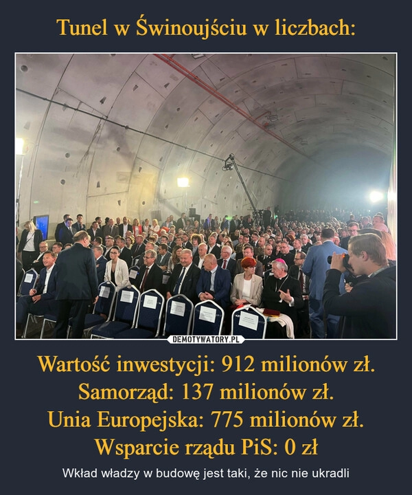 
    Tunel w Świnoujściu w liczbach: Wartość inwestycji: 912 milionów zł.
Samorząd: 137 milionów zł.
Unia Europejska: 775 milionów zł.
Wsparcie rządu PiS: 0 zł