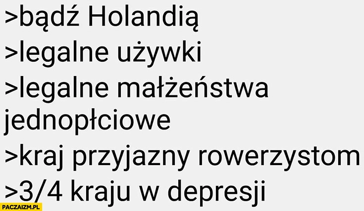 
    Bądź Holandią: legalne używki, małżeństwa jednopłciowe, kraj przyjazny rowerzystom, trzy czwarte kraju w depresji