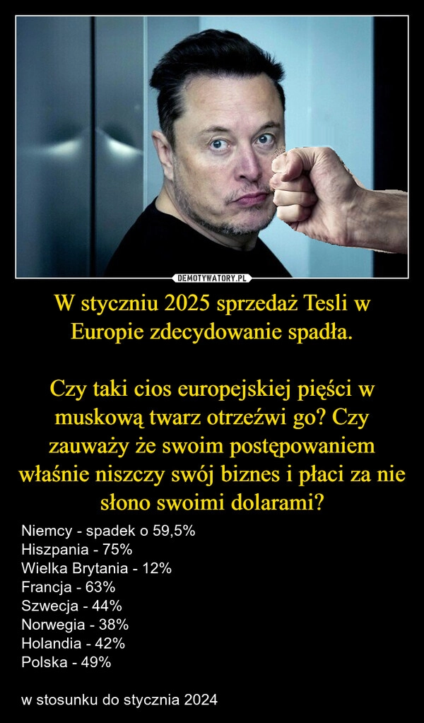 
    W styczniu 2025 sprzedaż Tesli w Europie zdecydowanie spadła.

Czy taki cios europejskiej pięści w muskową twarz otrzeźwi go? Czy zauważy że swoim postępowaniem właśnie niszczy swój biznes i płaci za nie słono swoimi dolarami?