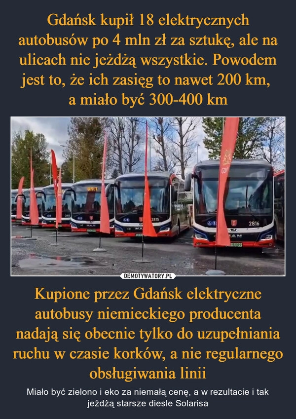 
    Gdańsk kupił 18 elektrycznych autobusów po 4 mln zł za sztukę, ale na ulicach nie jeżdżą wszystkie. Powodem jest to, że ich zasięg to nawet 200 km, 
a miało być 300-400 km Kupione przez Gdańsk elektryczne autobusy niemieckiego producenta nadają się obecnie tylko do uzupełniania ruchu w czasie korków, a nie regularnego obsługiwania linii