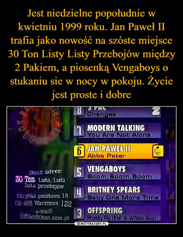 
    Jest niedzielne popołudnie w kwietniu 1999 roku. Jan Paweł II trafia jako nowość na szóste miejsce 30 Ton Listy Listy Przebojów między 2 Pakiem, a piosenką Vengaboys o stukaniu sie w nocy w pokoju. Życie jest proste i dobre