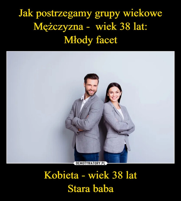 
    Jak postrzegamy grupy wiekowe Mężczyzna - wiek 38 lat:
Młody facet Kobieta - wiek 38 lat
Stara baba 