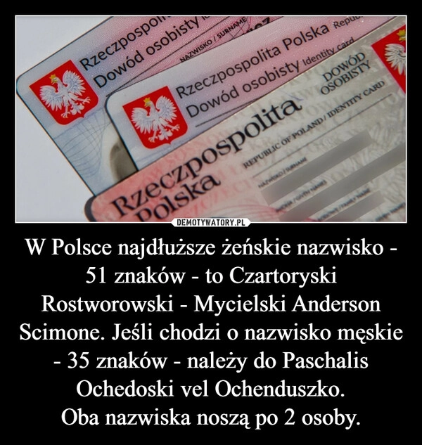 
    W Polsce najdłuższe żeńskie nazwisko - 51 znaków - to Czartoryski Rostworowski - Mycielski Anderson Scimone. Jeśli chodzi o nazwisko męskie - 35 znaków - należy do Paschalis Ochedoski vel Ochenduszko.
Oba nazwiska noszą po 2 osoby.