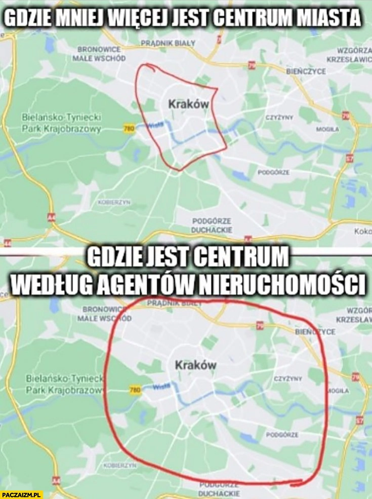 Kraków gdzie jest centrum miasta vs gdzie jest centrum według agentów nieruchomości