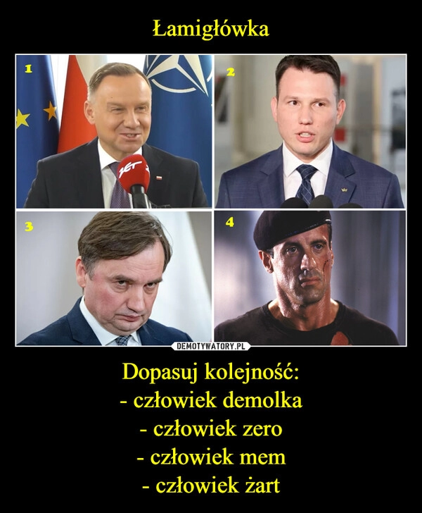 
    Łamigłówka Dopasuj kolejność:
- człowiek demolka
- człowiek zero
- człowiek mem
- człowiek żart