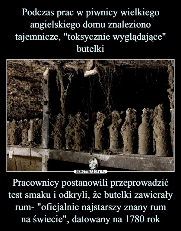 
    Podczas prac w piwnicy wielkiego angielskiego domu znaleziono tajemnicze, "toksycznie wyglądające" butelki Pracownicy postanowili przeprowadzić test smaku i odkryli, że butelki zawierały rum- "oficjalnie najstarszy znany rum
na świecie", datowany na 1780 rok