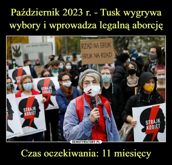 
    Październik 2023 r. - Tusk wygrywa wybory i wprowadza legalną aborcję Czas oczekiwania: 11 miesięcy