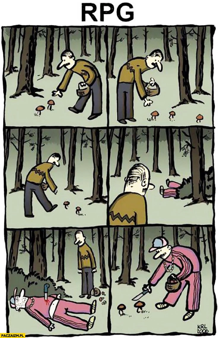 
    RPG grzybobranie zebrał itemy przedmioty martwego dresa komiks