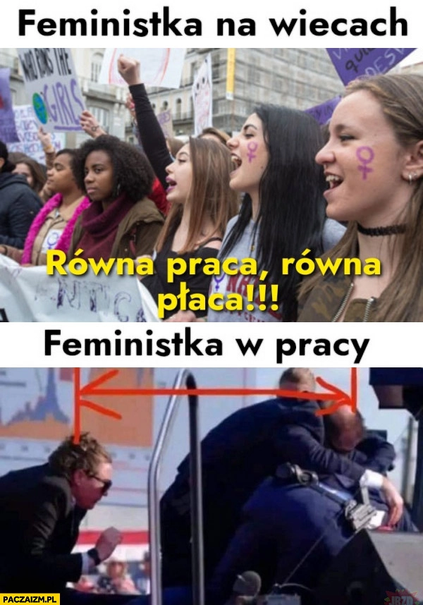 
    Feministka na wiecach: równa praca, równa płaca vs feministka w pracy secret service ochrona Trumpa