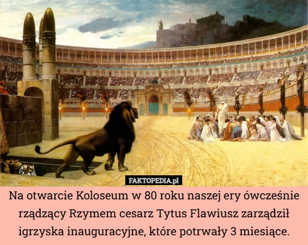 
    Na otwarcie Koloseum w 80 roku naszej ery ówcześnie rządzący Rzymem cesarz