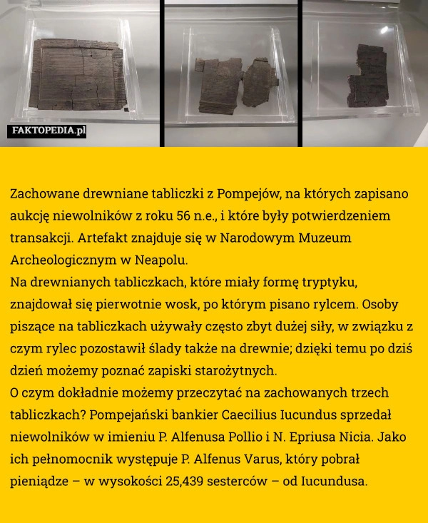 
    Zachowane drewniane tabliczki z Pompejów, na których zapisano aukcję niewolników