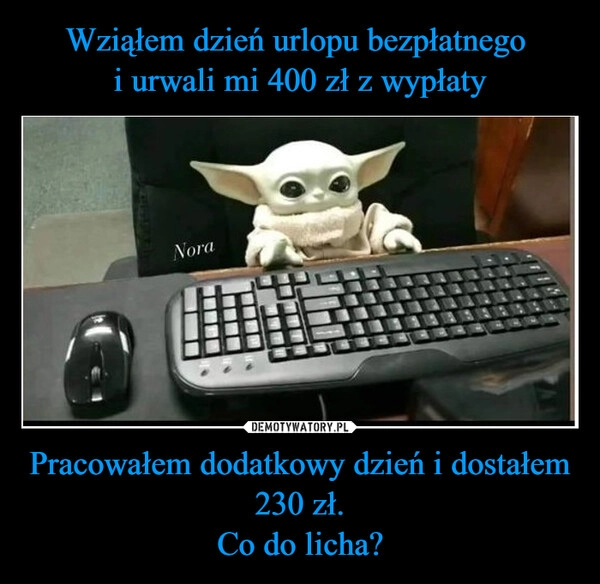 
    Wziąłem dzień urlopu bezpłatnego 
i urwali mi 400 zł z wypłaty Pracowałem dodatkowy dzień i dostałem 230 zł.
Co do licha?