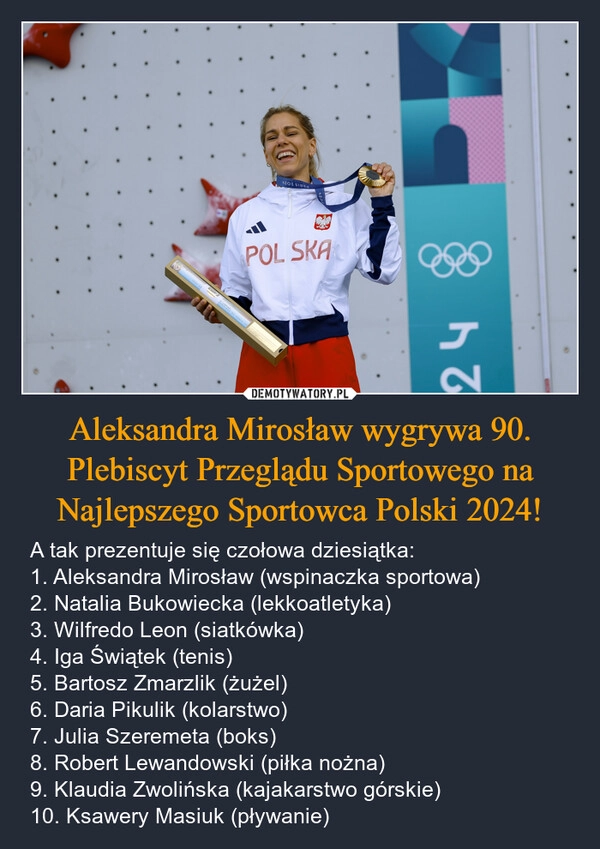 
    Aleksandra Mirosław wygrywa 90. Plebiscyt Przeglądu Sportowego na Najlepszego Sportowca Polski 2024!