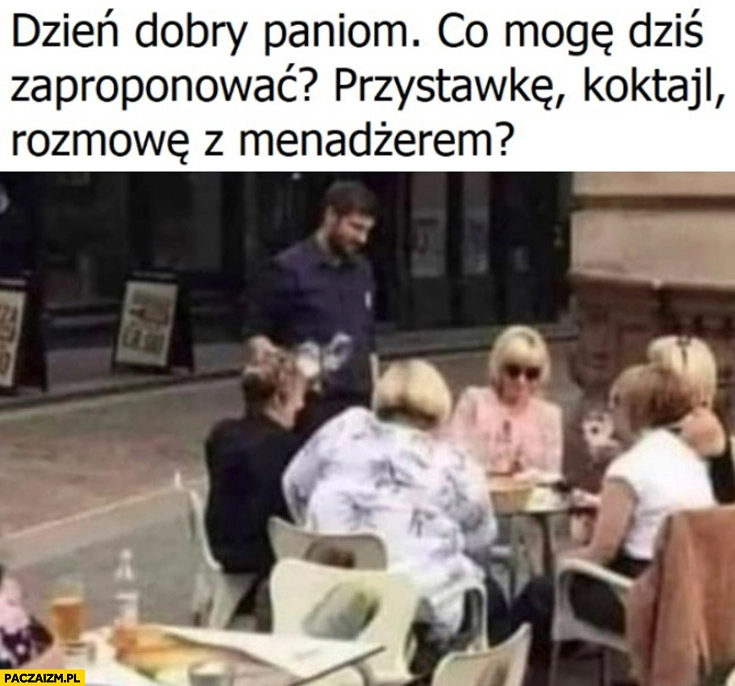 
    Dzień dobry paniom co mogę zaproponować: przystawkę, koktajl, rozmowę z managerem? Karyny Grażyny w restauracji