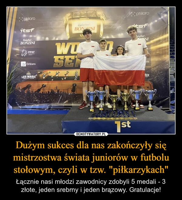 
    Dużym sukces dla nas zakończyły się mistrzostwa świata juniorów w futbolu stołowym, czyli w tzw. "piłkarzykach"