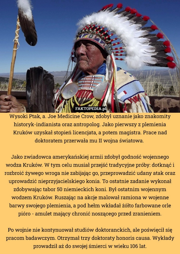 
    Wysoki Ptak, a. Joe Medicine Crow, zdobył uznanie jako znakomity historyk-indianista