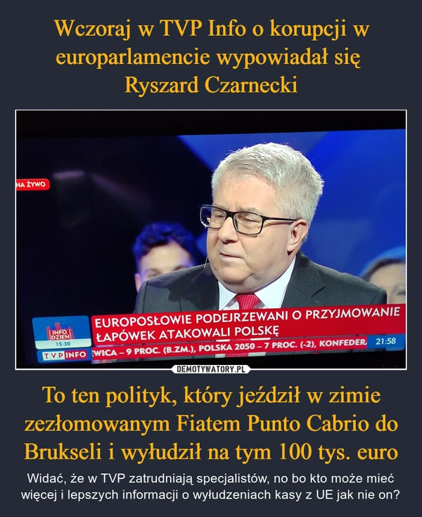 
    Wczoraj w TVP Info o korupcji w europarlamencie wypowiadał się 
Ryszard Czarnecki To ten polityk, który jeździł w zimie zezłomowanym Fiatem Punto Cabrio do Brukseli i wyłudził na tym 100 tys. euro