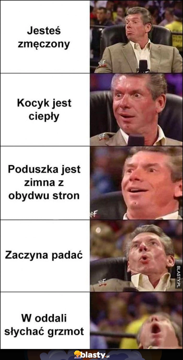 
    Jesteś zmęczony, kocyk jest ciepły, poduszka jest zimna z obu stron, zaczyna padać, w oddali słychać grzmot