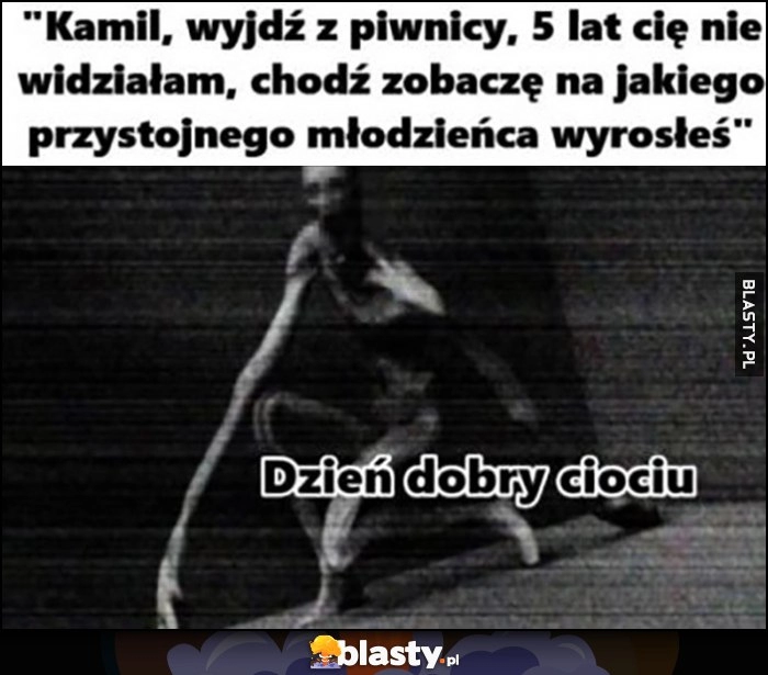 
    Kamil wyjdź z piwnicy, 5 lat cię nie widziałam chodź zobaczę na jakiego przystojnego młodzieńca wyrosłeś, dzień dobry ciociu