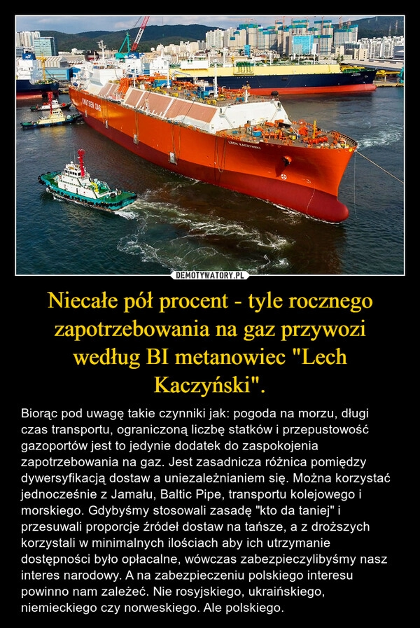 
    Niecałe pół procent - tyle rocznego zapotrzebowania na gaz przywozi według BI metanowiec "Lech Kaczyński".