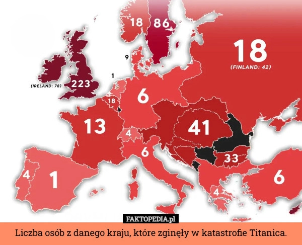 
    Liczba osób z danego kraju, które zginęły w katastrofie Titanica.