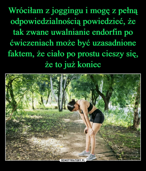 
    Wróciłam z joggingu i mogę z pełną odpowiedzialnością powiedzieć, że tak zwane uwalnianie endorfin po ćwiczeniach może być uzasadnione faktem, że ciało po prostu cieszy się, że to już koniec