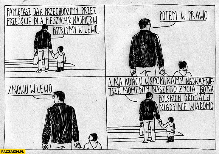 Przejście dla pieszych patrzymy w lewo, potem w prawo, znowu lewo, wspominamy najważniejsze momenty życia bo na polskich drogach nigdy nic nie wiadomo