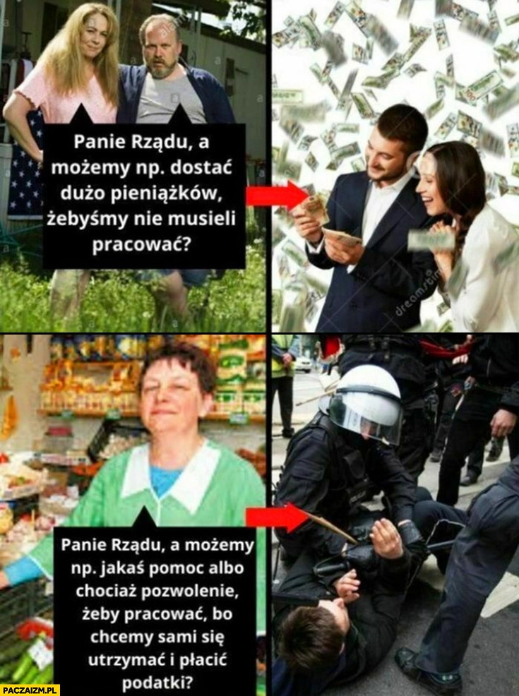 
    Patola panie rządzie czy możemy dostać pieniążki żebyśmy nie musieli pracować? Dostają, przedsiębiorca czy możemy pracować policja ich pałuje
