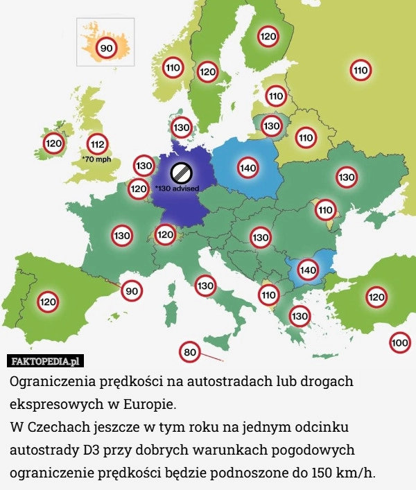
    Ograniczenia prędkości na autostradach lub drogach ekspresowych w Europie.