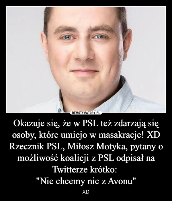 
    Okazuje się, że w PSL też zdarzają się osoby, które umiejo w masakracje! XD
Rzecznik PSL, Miłosz Motyka, pytany o możliwość koalicji z PSL odpisał na Twitterze krótko: 
"Nie chcemy nic z Avonu"