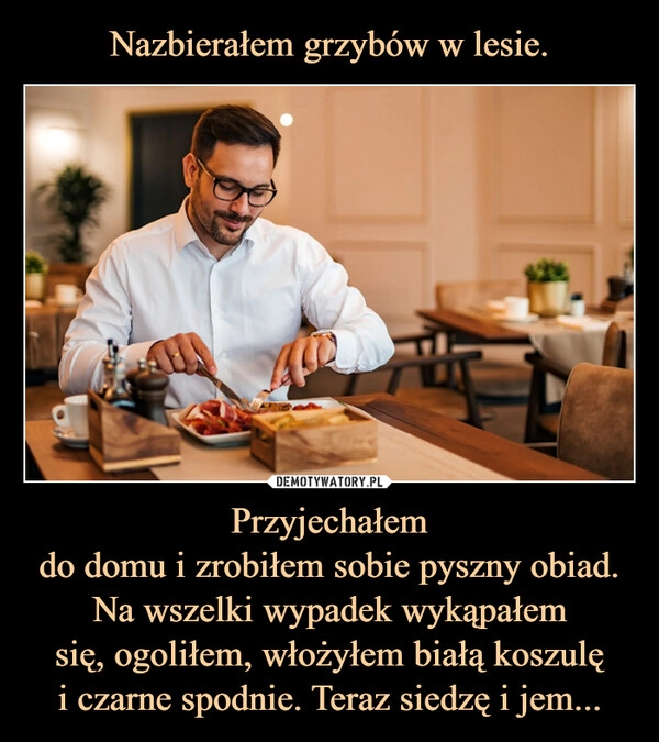 
    Nazbierałem grzybów w lesie. Przyjechałem
do domu i zrobiłem sobie pyszny obiad.
Na wszelki wypadek wykąpałem
się, ogoliłem, włożyłem białą koszulę
i czarne spodnie. Teraz siedzę i jem...