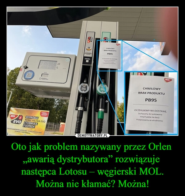 
    Oto jak problem nazywany przez Orlen 
„awarią dystrybutora” rozwiązuje 
następca Lotosu – węgierski MOL.
Można nie kłamać? Można!