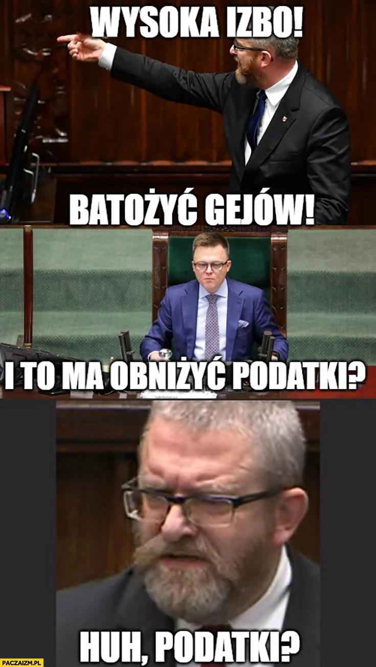 
    Grzegorz Braun: wysoka izbo, batożyć gejów, Hołownia: i to ma obniżyć podatki? Huh, podatki?