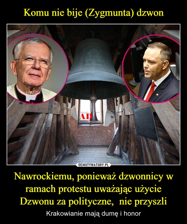 
    Komu nie bije (Zygmunta) dzwon Nawrockiemu, ponieważ dzwonnicy w ramach protestu uważając użycie Dzwonu za polityczne,  nie przyszli