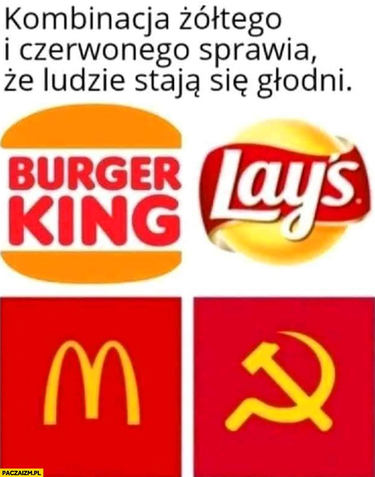 
    Kombinacja żółtego i czerwonego sprawia, że ludzie staja się głodni Burger King, Lays, McDonalds, komunizm