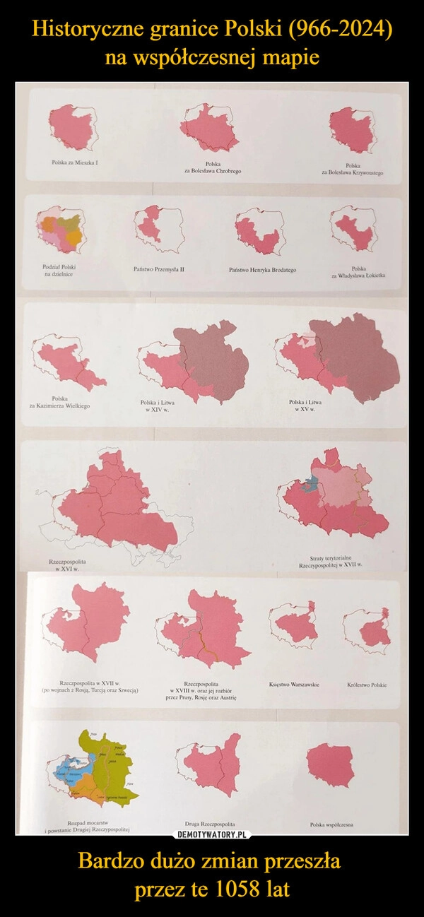 
    Historyczne granice Polski (966-2024) na współczesnej mapie Bardzo dużo zmian przeszła 
przez te 1058 lat