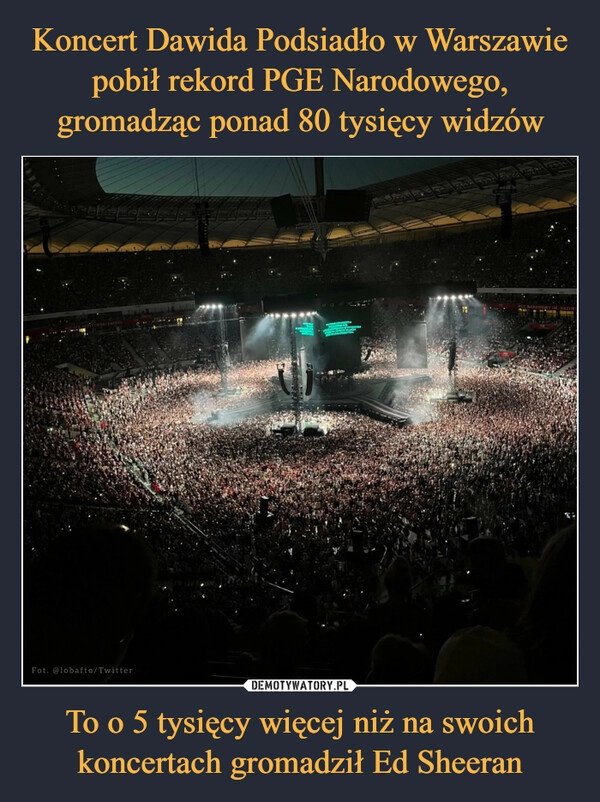 
    Koncert Dawida Podsiadło w Warszawie pobił rekord PGE Narodowego, gromadząc ponad 80 tysięcy widzów To o 5 tysięcy więcej niż na swoich koncertach gromadził Ed Sheeran