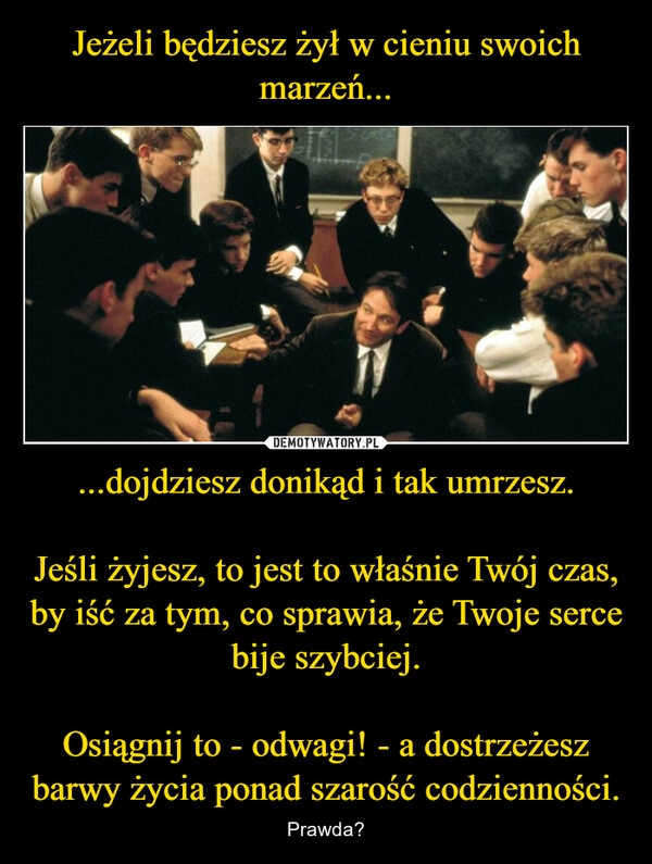 
    Jeżeli będziesz żył w cieniu swoich marzeń... ...dojdziesz donikąd i tak umrzesz.

Jeśli żyjesz, to jest to właśnie Twój czas, by iść za tym, co sprawia, że Twoje serce bije szybciej.

Osiągnij to - odwagi! - a dostrzeżesz barwy życia ponad szarość codzienności.