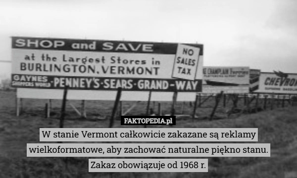 
    W stanie Vermont całkowicie zakazane są reklamy wielkoformatowe, aby zachować